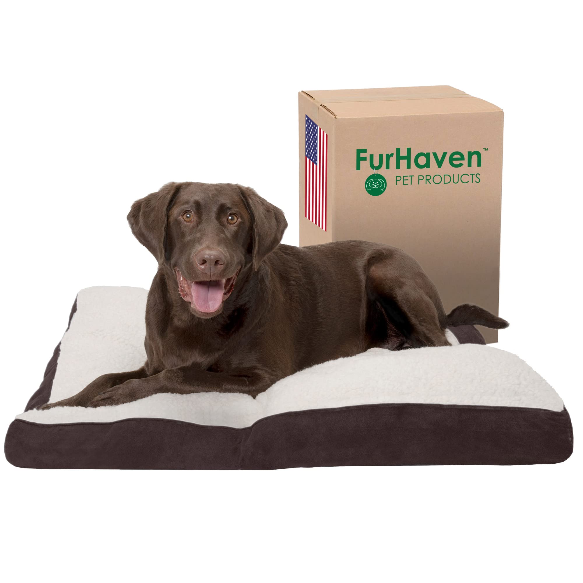 Furhaven Pillow Dog Bed for Large/Medium Dogs w/ Removable Washable Cover - Sherpa & Suede Mattress - Espresso Large