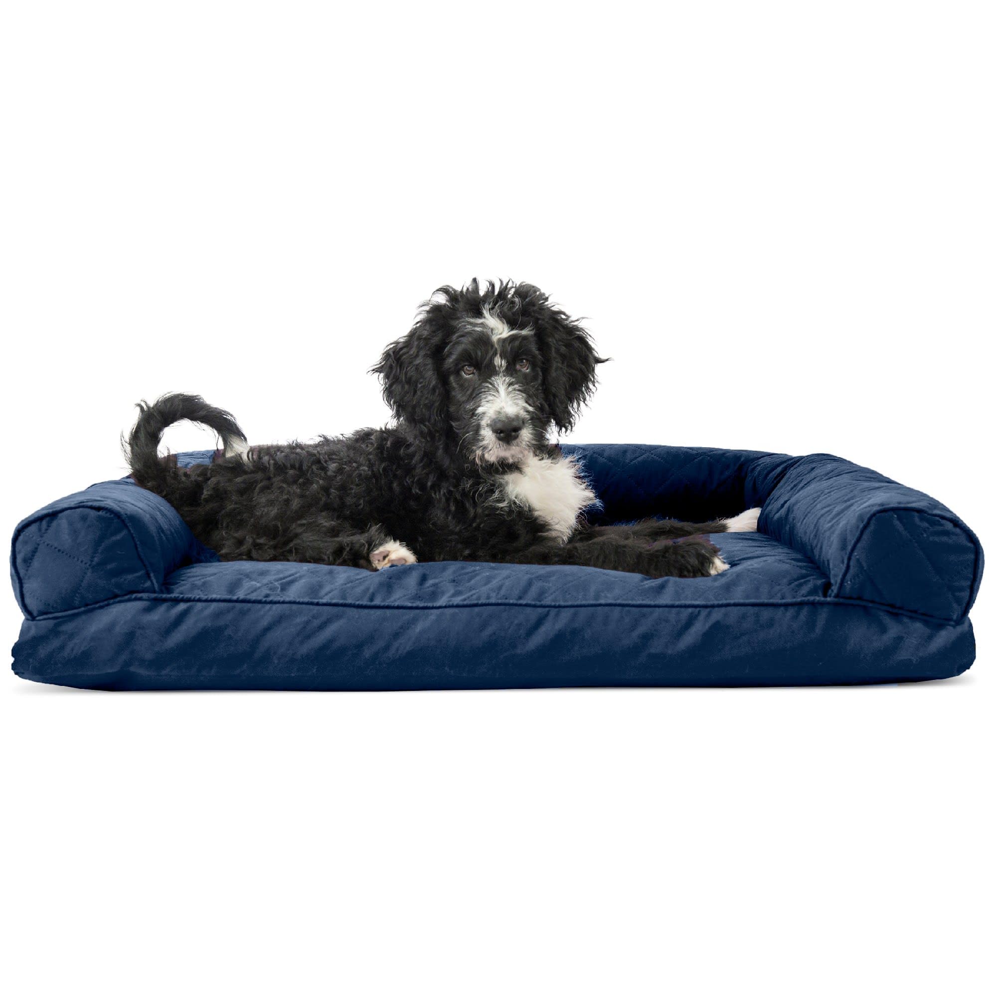 Furhaven Pillow Dog Bed for Large/Medium Dogs w/ Removable Bolsters & Washable Cover - Quilted Sofa - Navy (Blue) Large