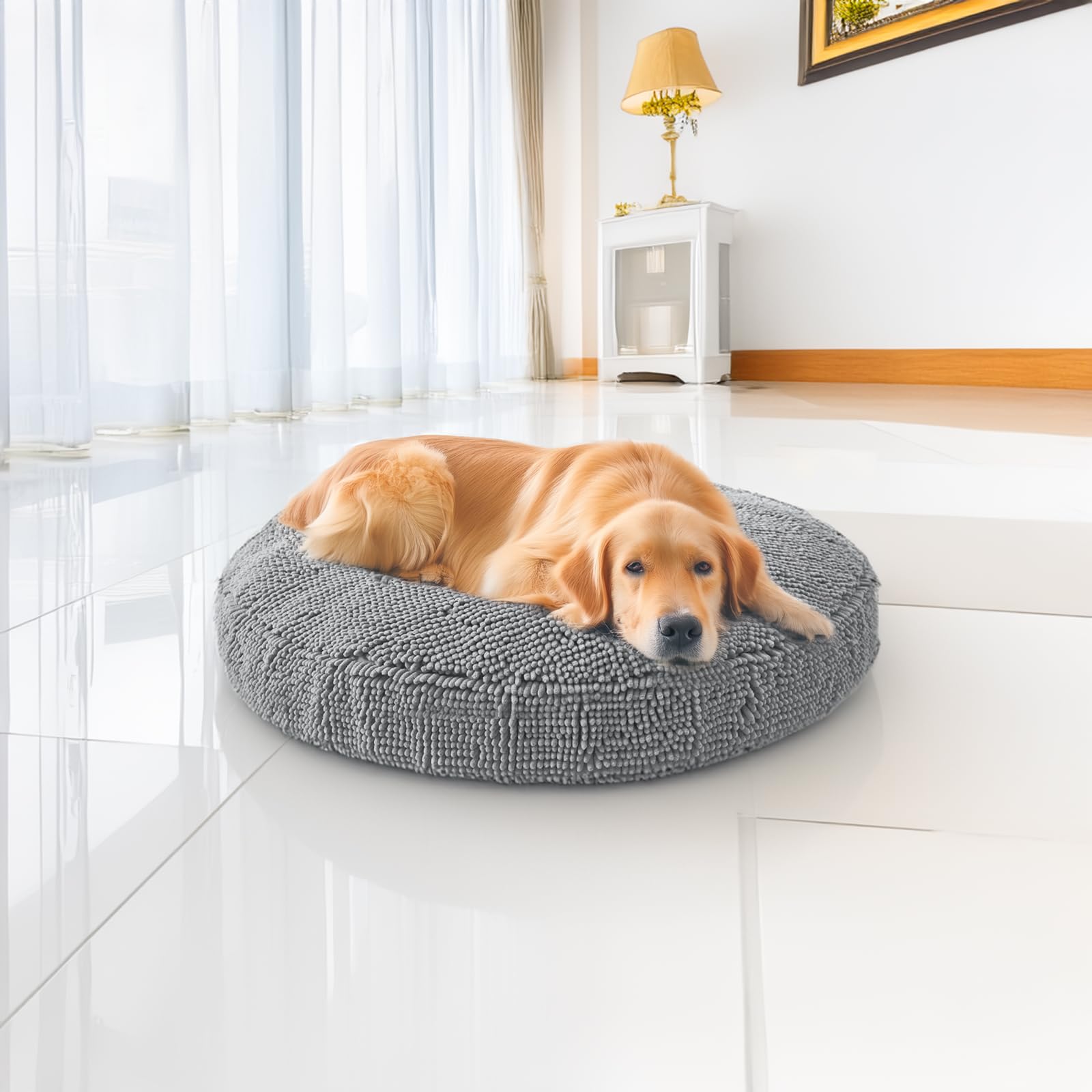 Muddy Mat® Cloud K-9 Bed for Dogs & Cats Soft & Relaxing Round Dog Bed Chenille Material Removable Cover Washable & Dryer Safe–Grey Large(40x40)