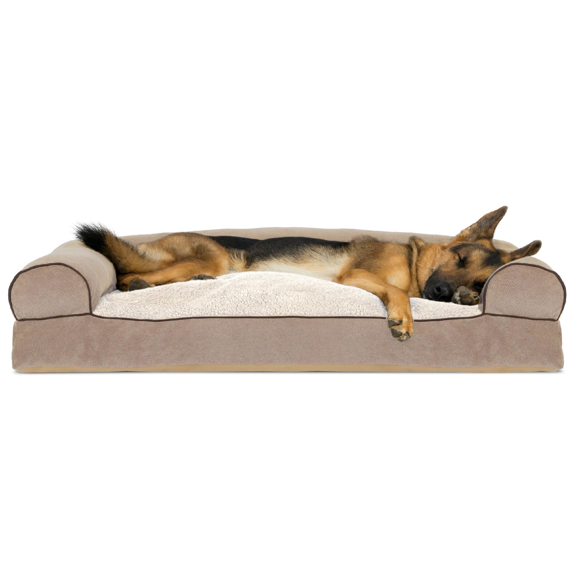 Furhaven Pillow Dog Bed for Large Dogs w/ Removable Bolsters & Washable Cover - Sherpa & Chenille Sofa - Cream Jumbo/XL