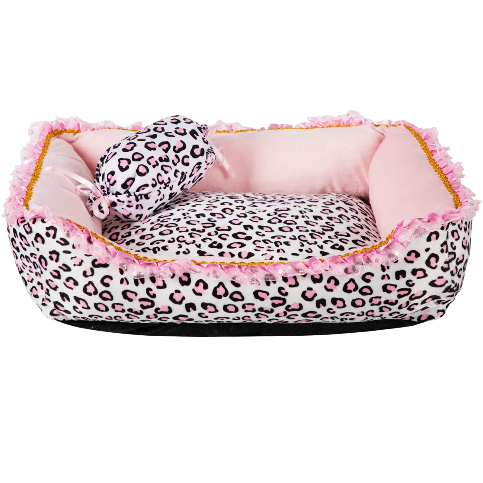 Gigreinc Dog Bed for Small Dogs - Cute Pink Leopard Dog BedCat Beds for Indoor Cats Washable - Square Shape Cat Dog Sofa Bed Pet House Nest Cave(L 22.0" L x 17.0" W x 6.0" Th