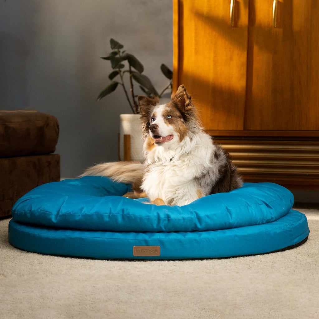 ClevaHome Orthopedic Dog Bed for Large Dogs Dual Layer Water Repellent Round Pet Bed with Washable Cover Nonslip Bottom （Mosaic Blue）