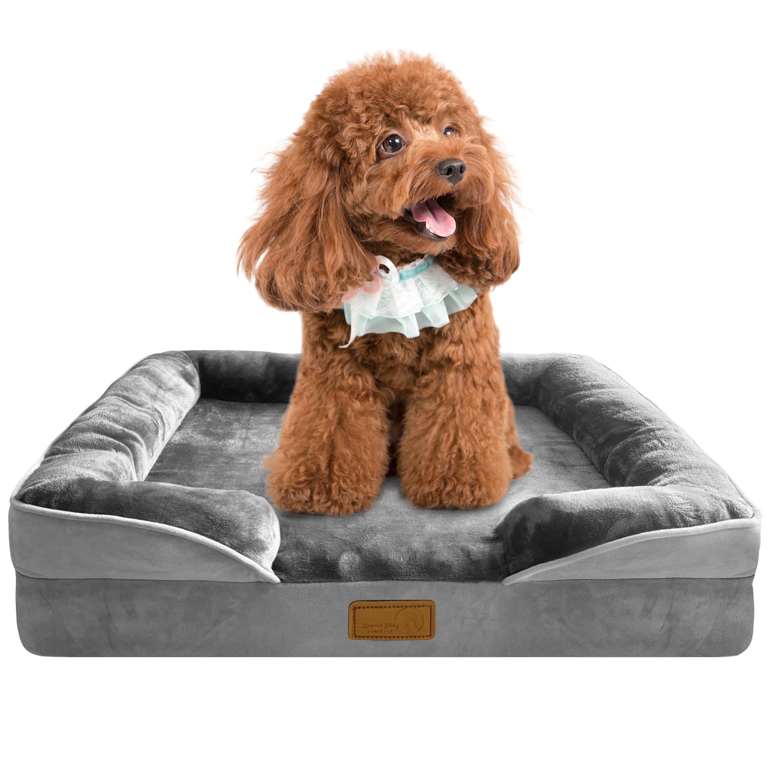 Spotted Play Orthopedic Dog Bed with Sides - Dog Sofa Beds for Small Dogs Supportive Foam Pet Couch Bed with Washable Removable Cover Waterproof Lining and Non-Slip Bottom Grey - S