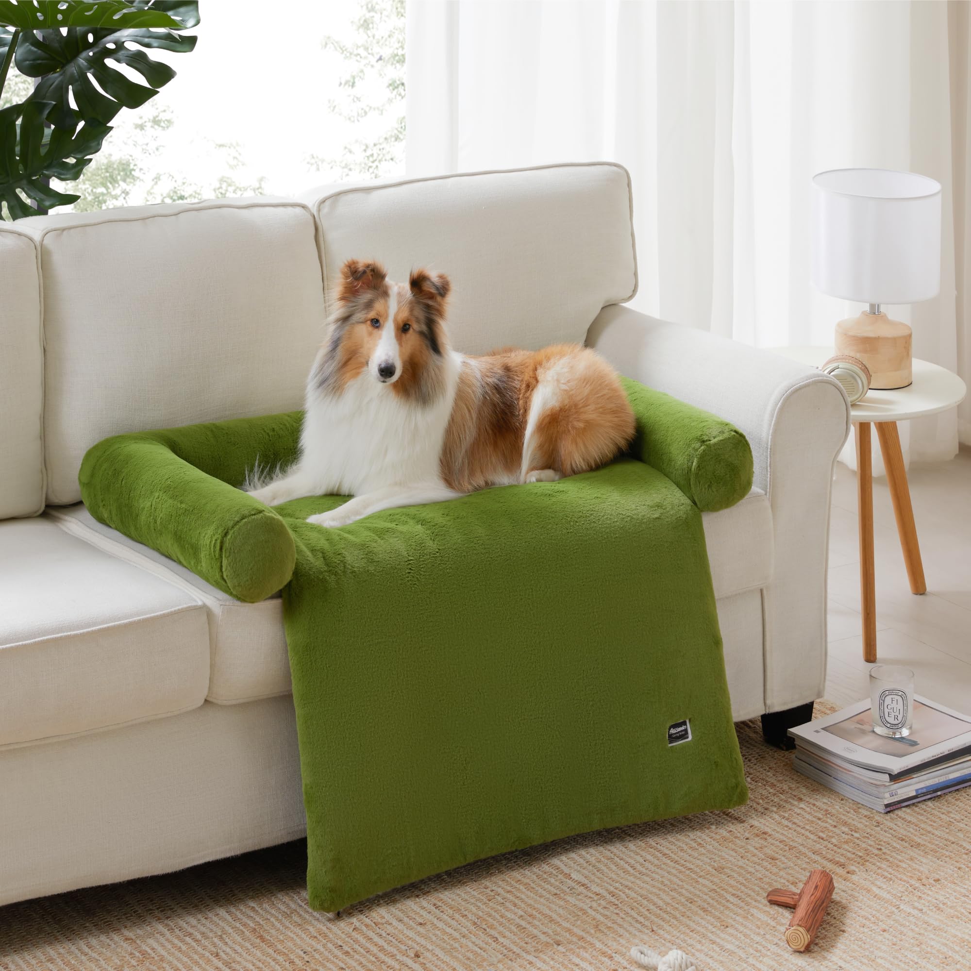 Allisandro Calming Dog Bed Mat Washable Couch Cover for Dogs Comfort and Anti-Slip Sofa Dog Bed with Bolster Waterproof Furniture Protector Cover for Pets 42x38x5 Inches Green