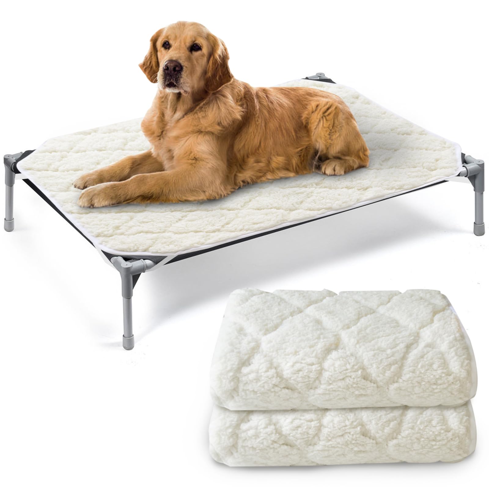 Elevated Dog Bed Pad Waterproof 2 Pack Soft Plush Dog Pet Pad Large for Dog Cot Bed Machine Washable Dog/Cat Beds Pad with Corner Straps Waterproof (Pad Only Bed not Included)