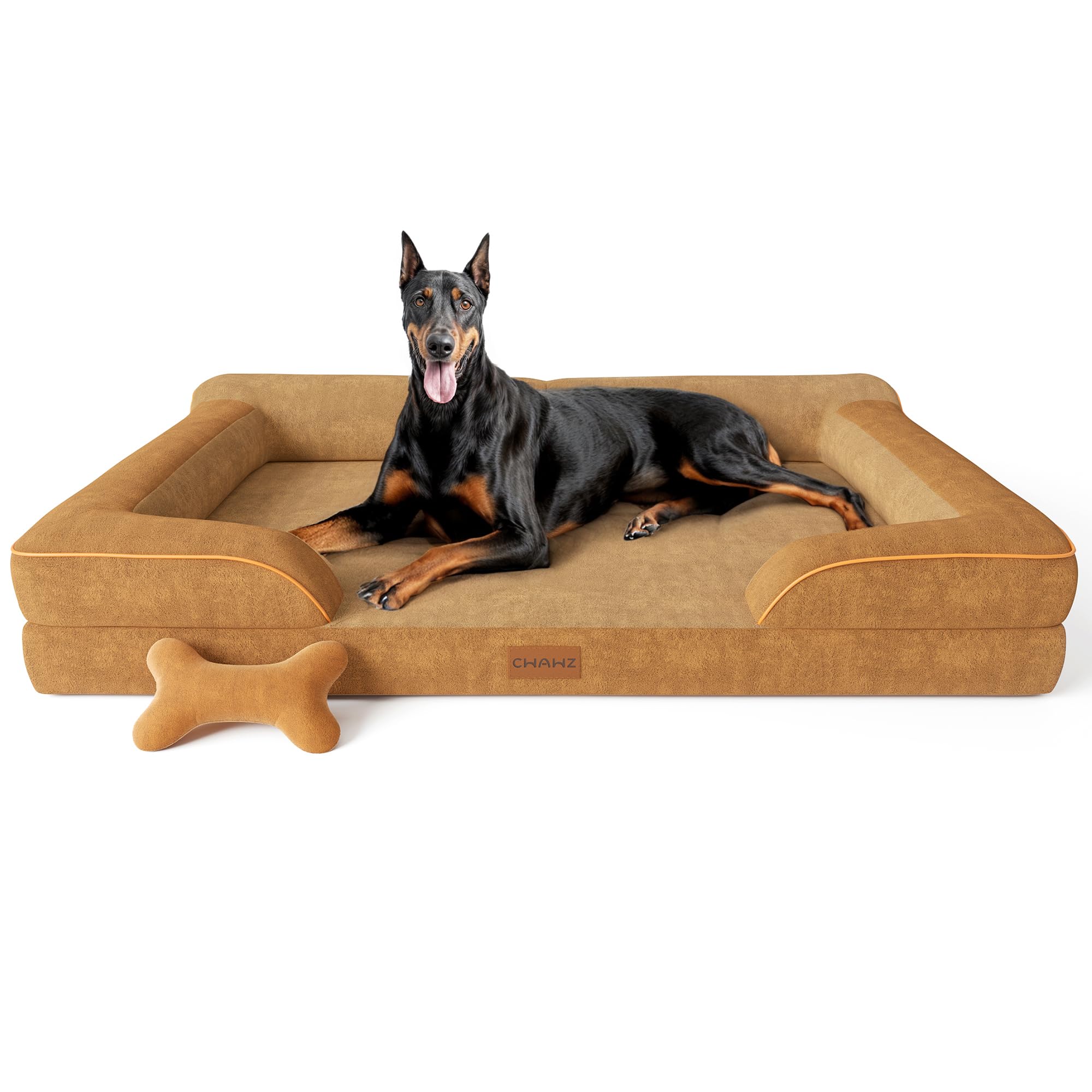 CWAWZ XXL Dog Bed for Extra Large Dogs Giant Orthopedic Dog Bed with Cooling Gel Memory Foam Waterproof Dog Bed with Removable Washable Cover 53" Dog Sofa Bed Dutch Velvet with Bone Toy Brown