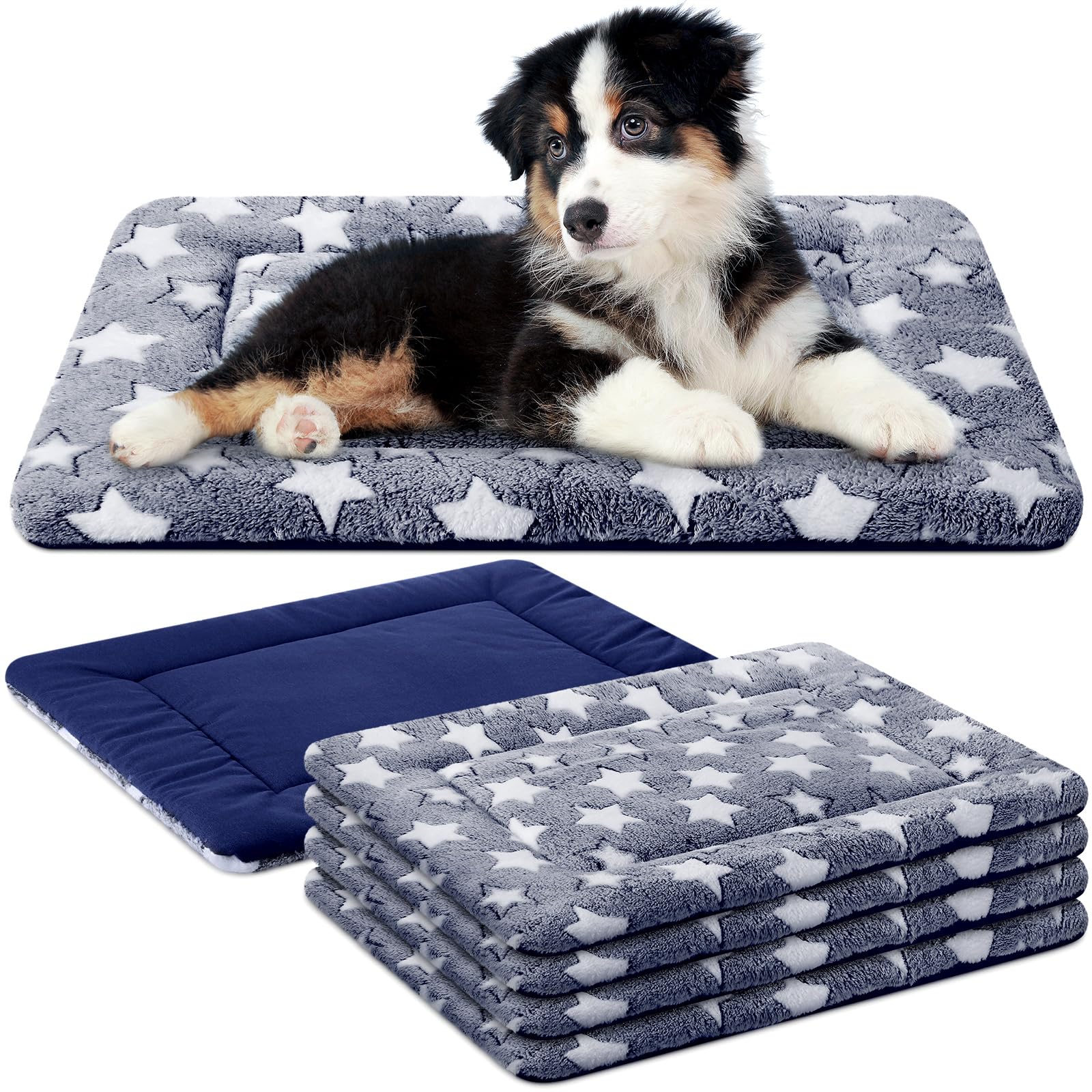 VitalCozy 4 Pcs Dog Bed Mat Dog Crate Pad Reversible Dog Crate Mat Machine Washable Dog Bed Pad Star Pet Sleeping Mat Kennel Bed Pad for Crate for Small Medium Large Dog (Blue 18 x 24 x 1.6 Inch)