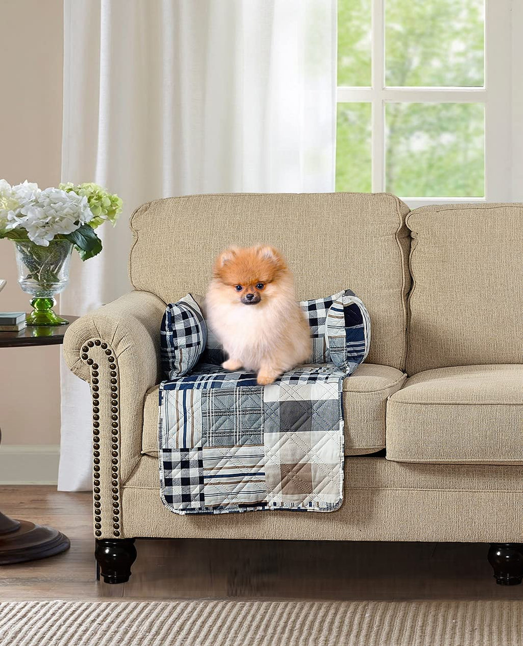 Brilliant Sunshine Quilted Calming Dog Bed Mat Removable Washable Cover Cushion Protector and Couch Covers for Dogs Pets Cats Small Blue Plaids and Stripes Patchwork