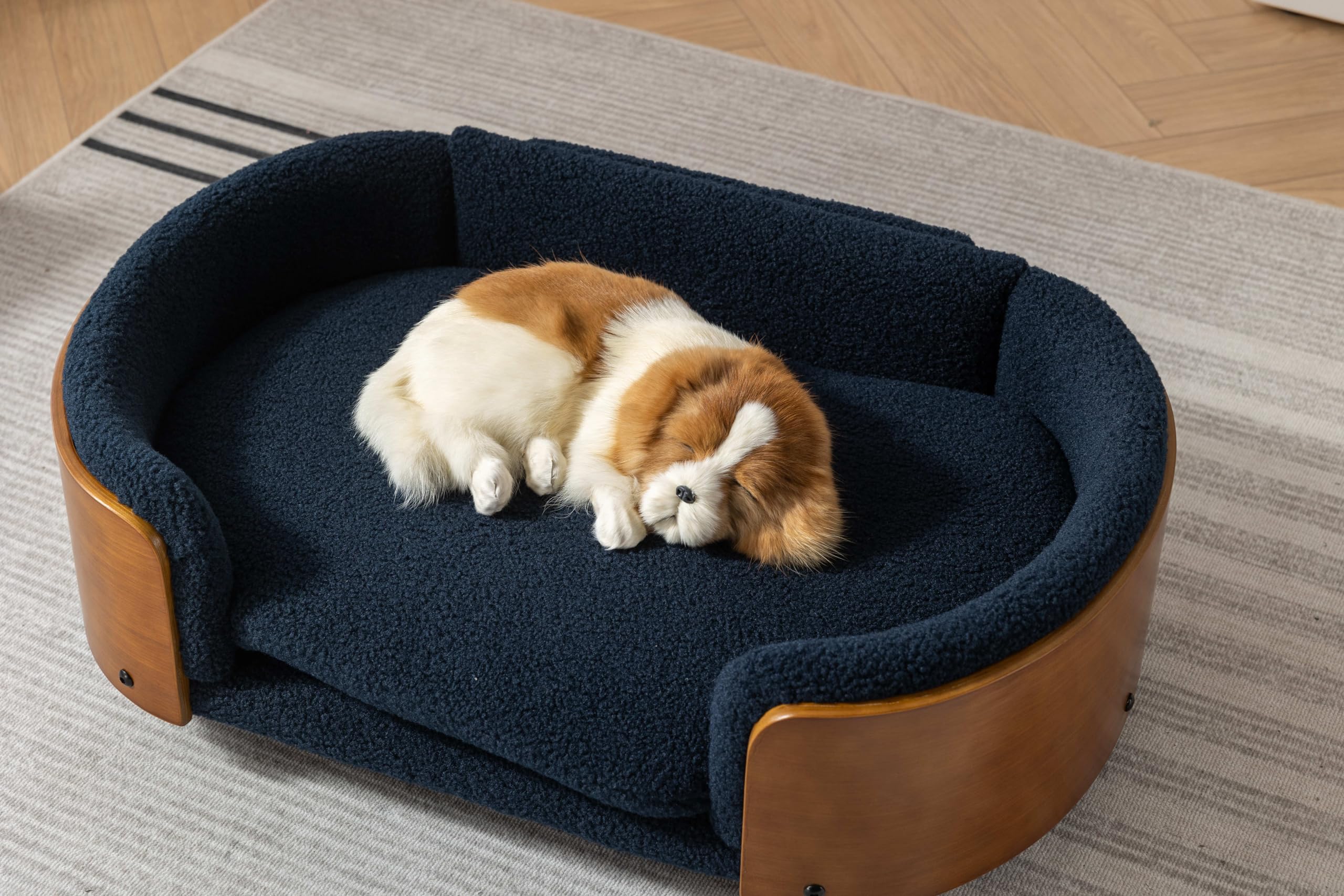 HomSof 30.7" Scandinavian Style Elevated Dog Bed Pet Sofa with Solid Wood Legs and Bent Wood BackVelvet CushionMid SizeNavy+Brown