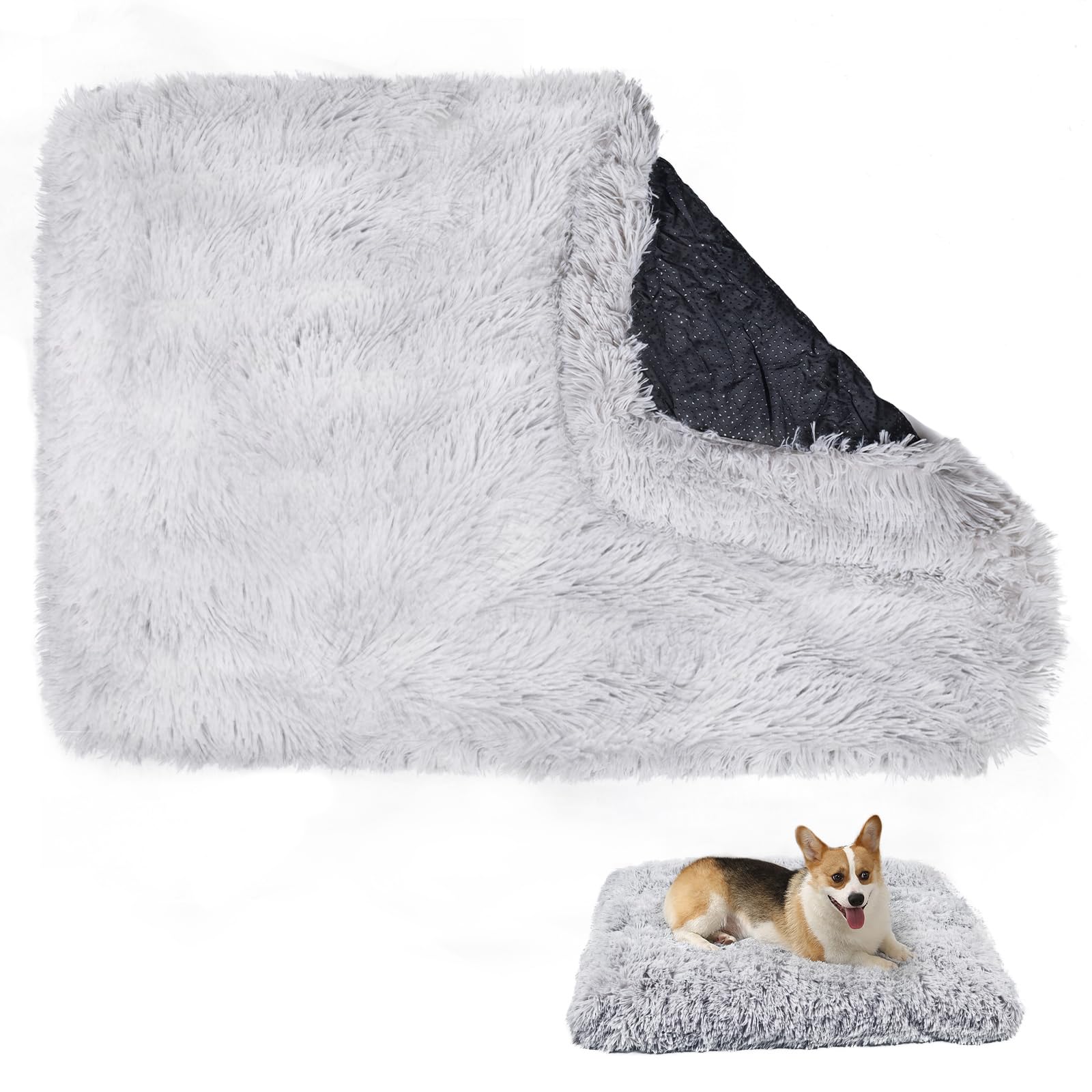 Sunheir Calming Dog Bed Cover - Washable Large Dog Bed Covers Fluffy Plush Replacement Waterproof Dog Bed Liner Pet Bed Cover with Zipper 35x23x3.5 Inches Grey Cover Only