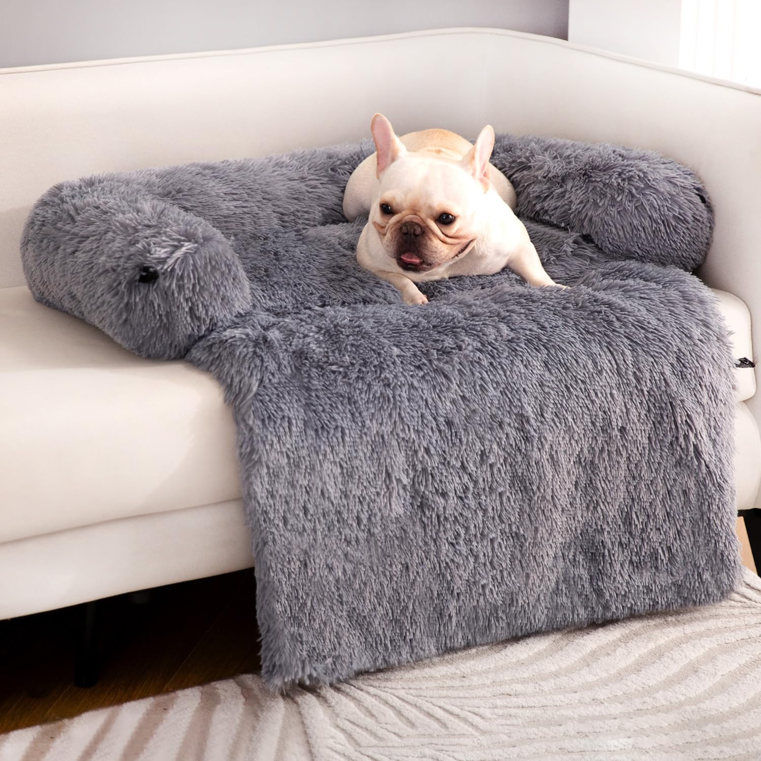 pettycare 4 in 1 Calming Dog Bed Mats - Pet Couch for Furniture Protector with Removable Washable Cover Waterproof Anti-Slip Fluffy Plush Dog Sofa Bed Medium 37" Dark Grey